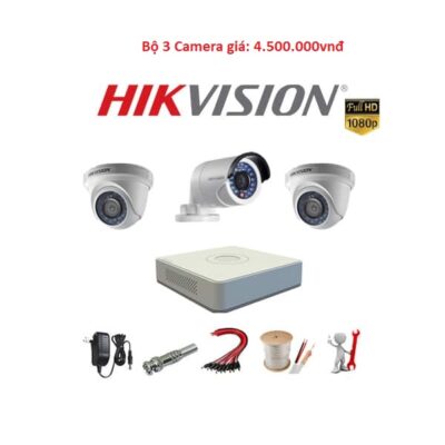 Trọn bộ 3 Camera TVI  Hikvision 2MP Full HD 1080P – Hồng ngoại 20m, IP66